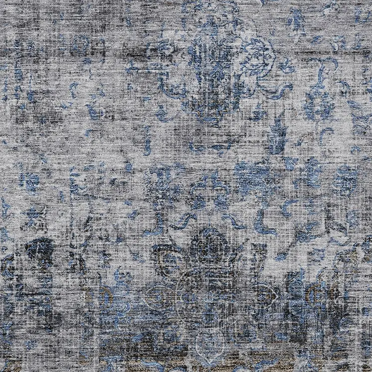 9' X 12' Blue And Gray Floral Washable Indoor Outdoor Area Rug