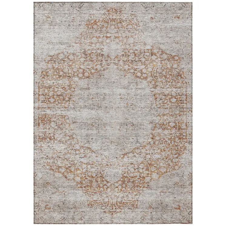5' X 8' Copper And Beige Floral Washable Indoor Outdoor Area Rug