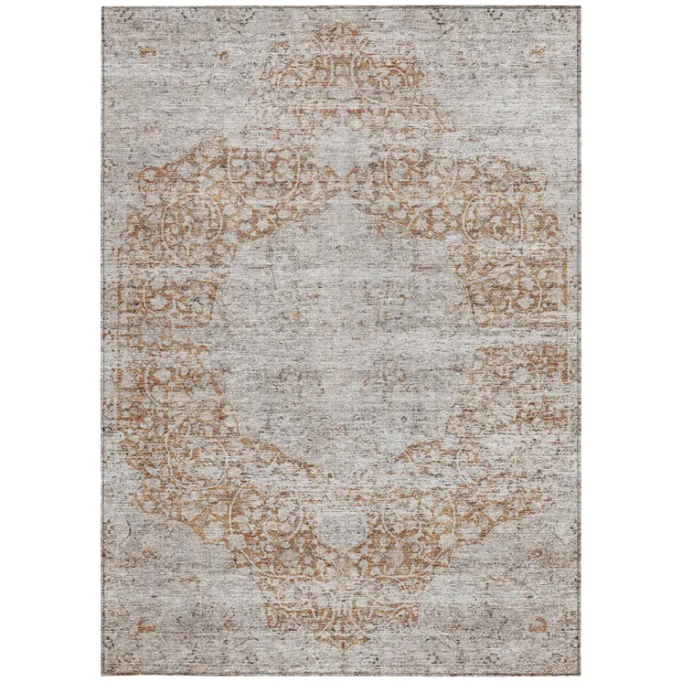 8' X 10' Copper And Beige Floral Washable Indoor Outdoor Area Rug