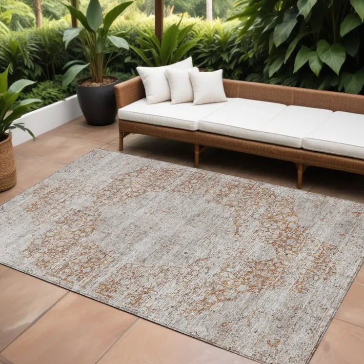 8' X 10' Copper And Beige Floral Washable Indoor Outdoor Area Rug