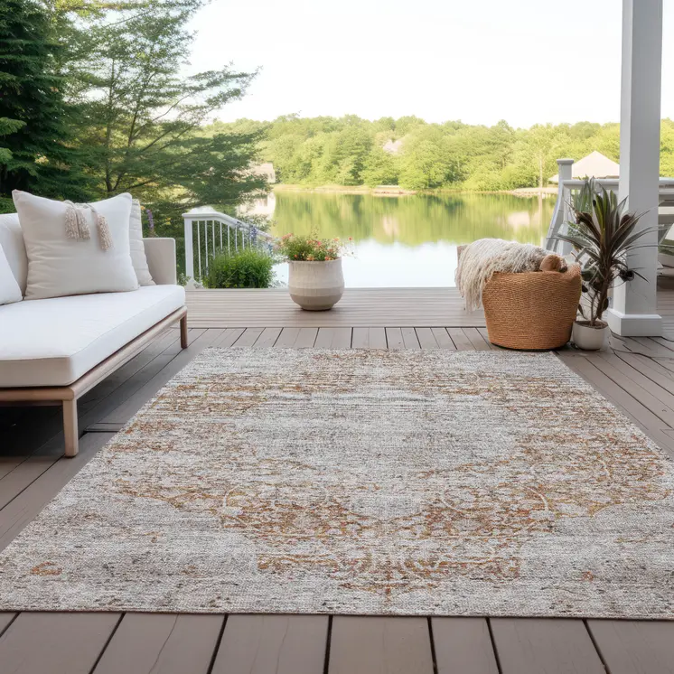 8' X 10' Copper And Beige Floral Washable Indoor Outdoor Area Rug