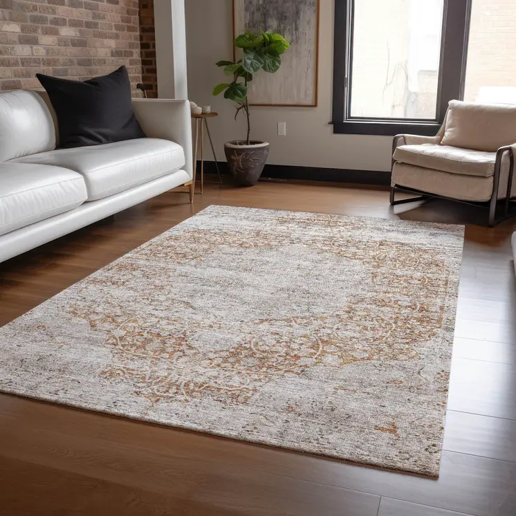 8' X 10' Copper And Beige Floral Washable Indoor Outdoor Area Rug
