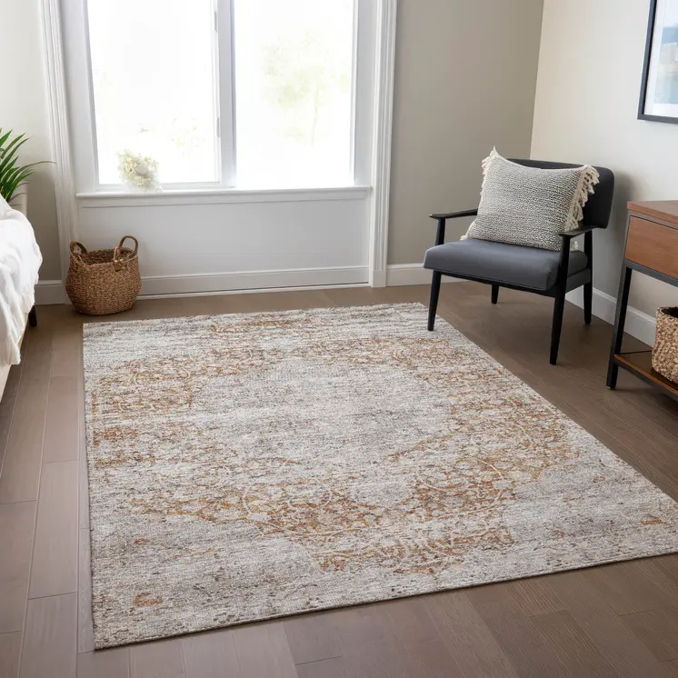 8' X 10' Copper And Beige Floral Washable Indoor Outdoor Area Rug