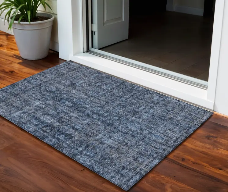 3' X 5' Blue And Black Damask Washable Indoor Outdoor Area Rug