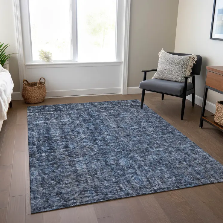 3' X 5' Blue And Black Damask Washable Indoor Outdoor Area Rug