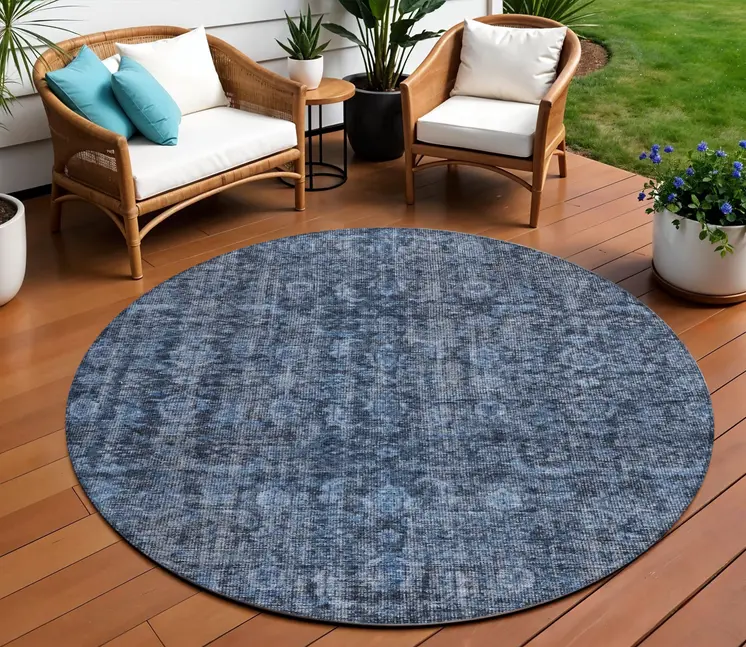8' Blue And Black Round Damask Washable Indoor Outdoor Area Rug