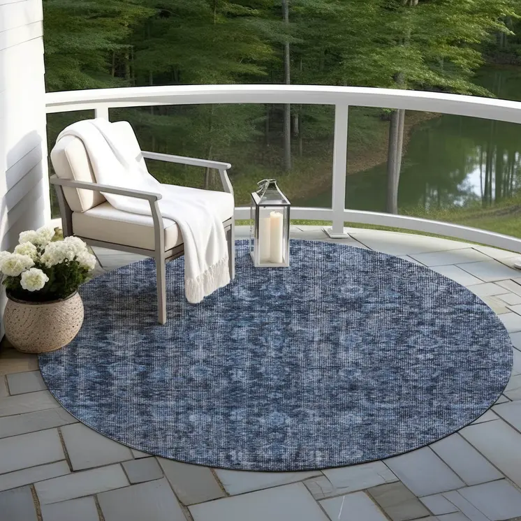 8' Blue And Black Round Damask Washable Indoor Outdoor Area Rug