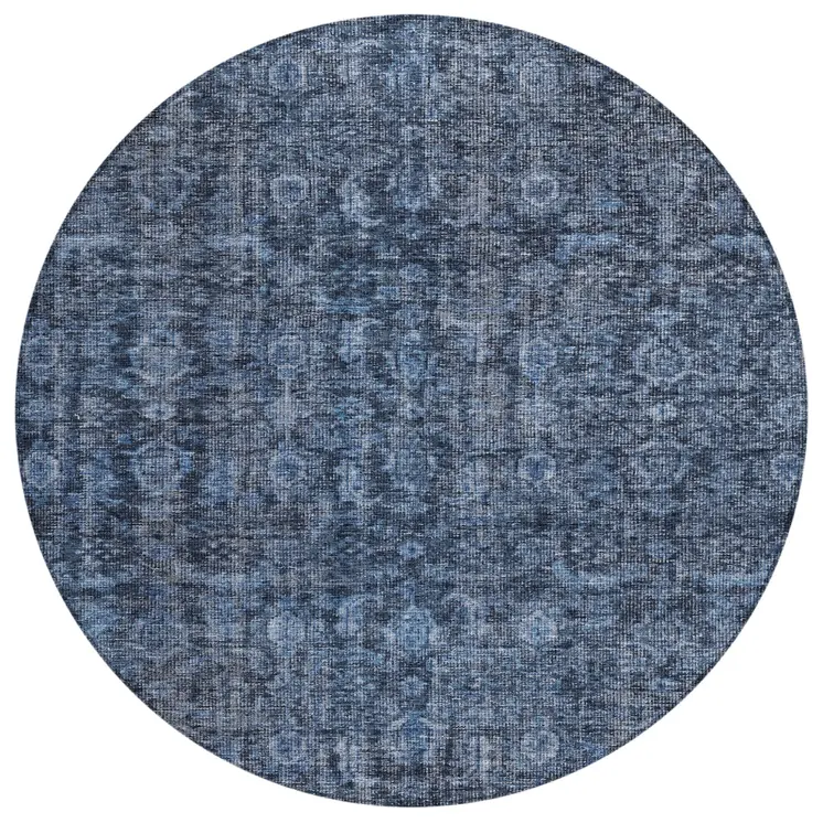 8' Blue And Black Round Damask Washable Indoor Outdoor Area Rug