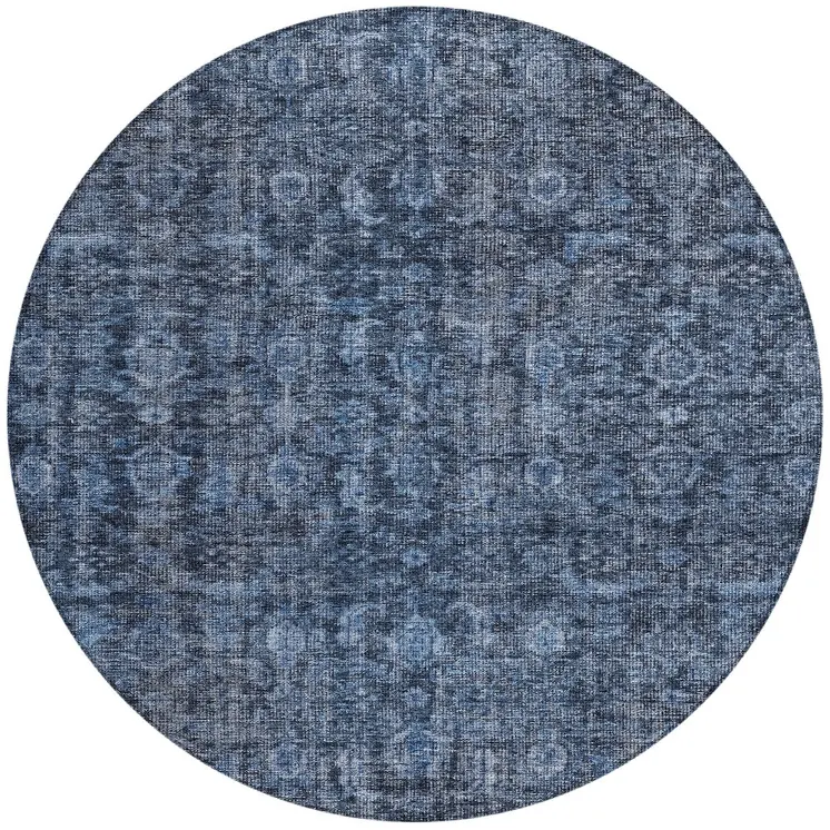 8' Blue And Black Round Damask Washable Indoor Outdoor Area Rug
