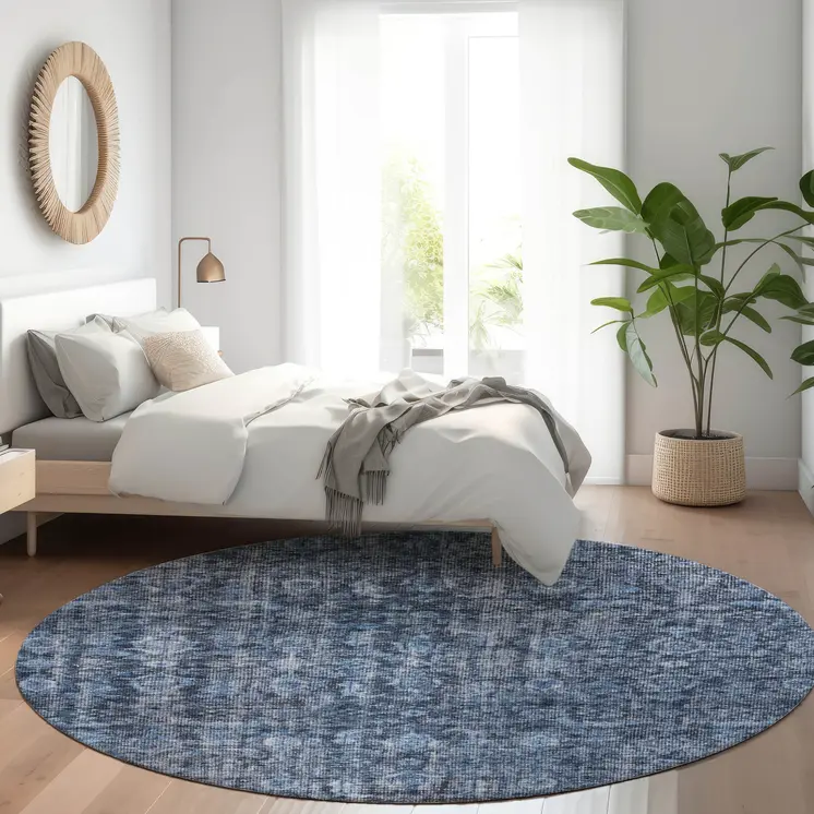 8' Blue And Black Round Damask Washable Indoor Outdoor Area Rug