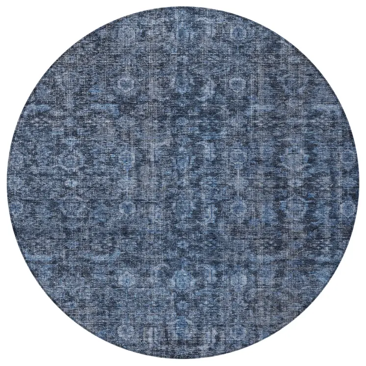 8' Blue And Black Round Damask Washable Indoor Outdoor Area Rug