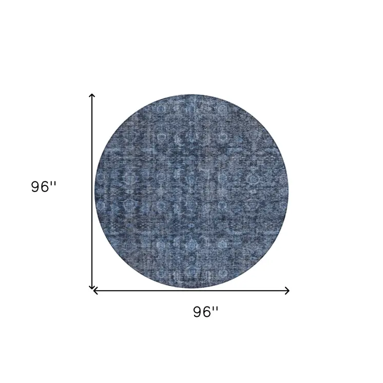 8' Blue And Black Round Damask Washable Indoor Outdoor Area Rug