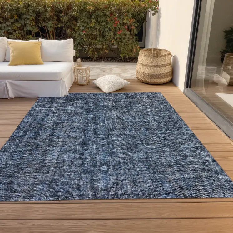 8' X 10' Blue And Black Damask Washable Indoor Outdoor Area Rug