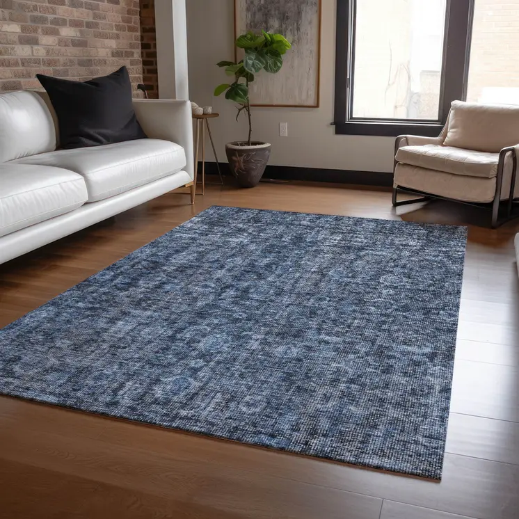 10' X 14' Blue And Black Damask Washable Indoor Outdoor Area Rug
