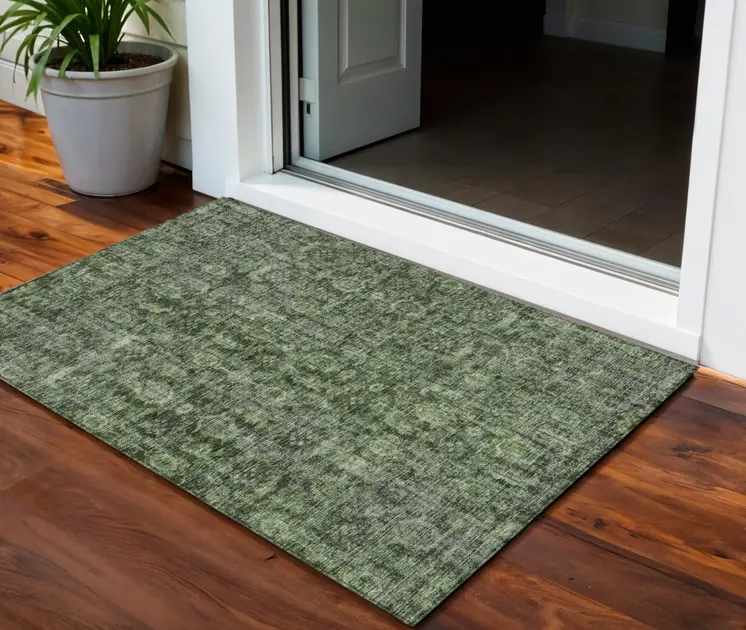 3' X 5' Artichoke Green And Black Damask Washable Indoor Outdoor Area Rug