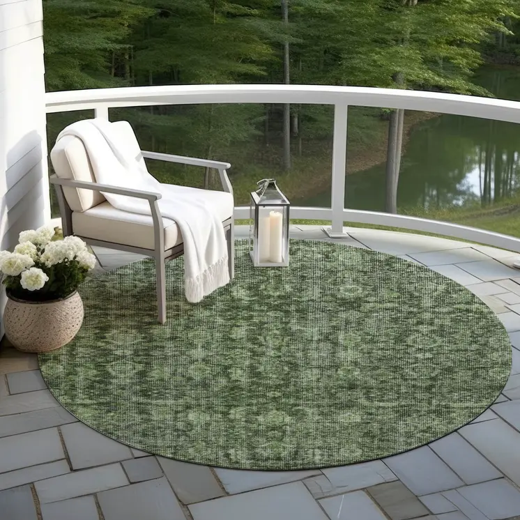 8' Artichoke Green And Black Round Damask Washable Indoor Outdoor Area Rug