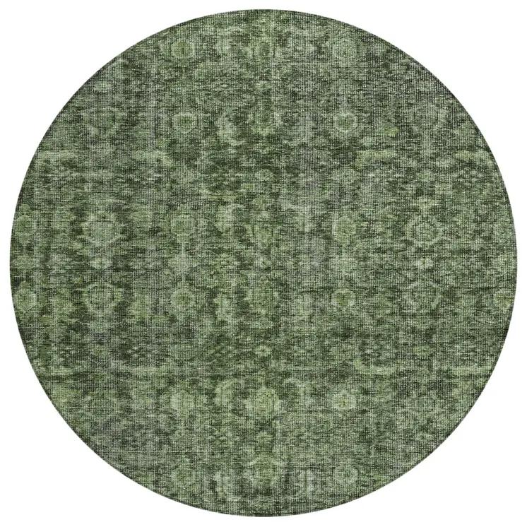 8' Artichoke Green And Black Round Damask Washable Indoor Outdoor Area Rug