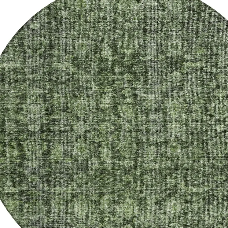8' Artichoke Green And Black Round Damask Washable Indoor Outdoor Area Rug