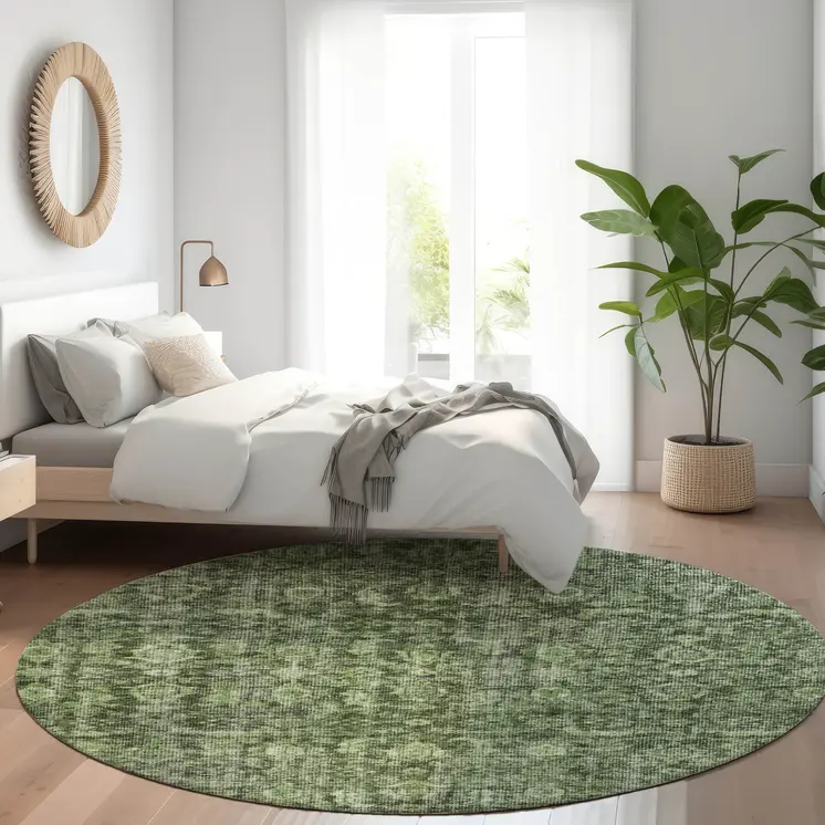 8' Artichoke Green And Black Round Damask Washable Indoor Outdoor Area Rug