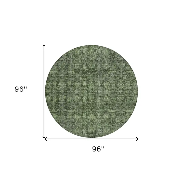8' Artichoke Green And Black Round Damask Washable Indoor Outdoor Area Rug