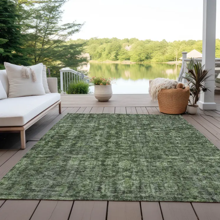 8' X 10' Artichoke Green And Black Damask Washable Indoor Outdoor Area Rug