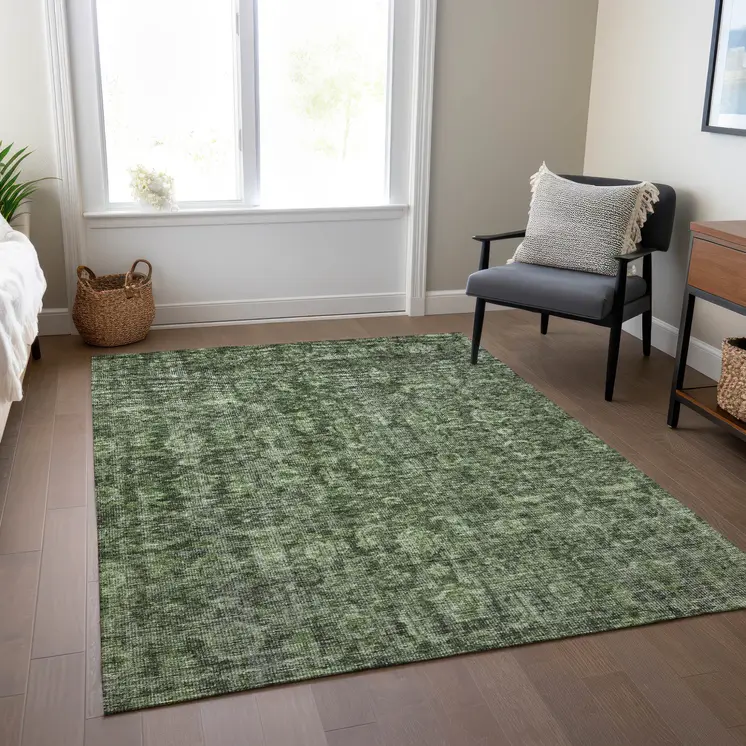 8' X 10' Artichoke Green And Black Damask Washable Indoor Outdoor Area Rug