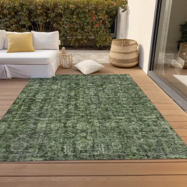 8' X 10' Artichoke Green And Black Damask Washable Indoor Outdoor Area Rug