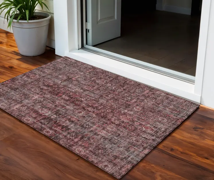 3' X 5' Pink And Brick Red Damask Washable Indoor Outdoor Area Rug