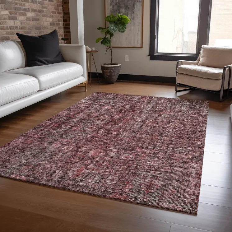 5' X 8' Pink And Brick Red Damask Washable Indoor Outdoor Area Rug