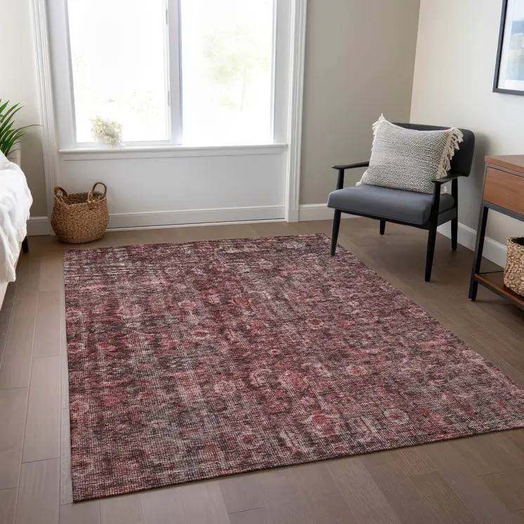 5' X 8' Pink And Brick Red Damask Washable Indoor Outdoor Area Rug
