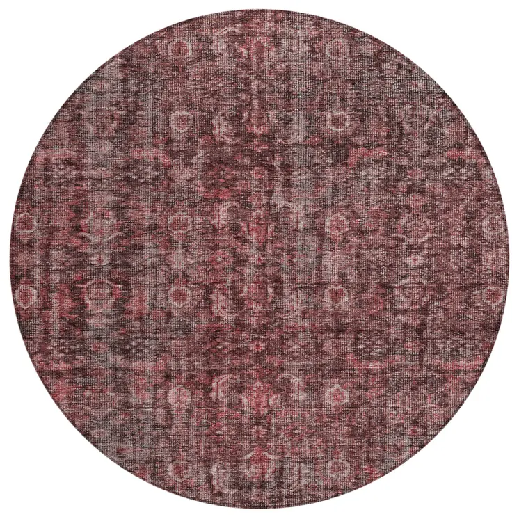 8' Pink And Brick Red Round Damask Washable Indoor Outdoor Area Rug