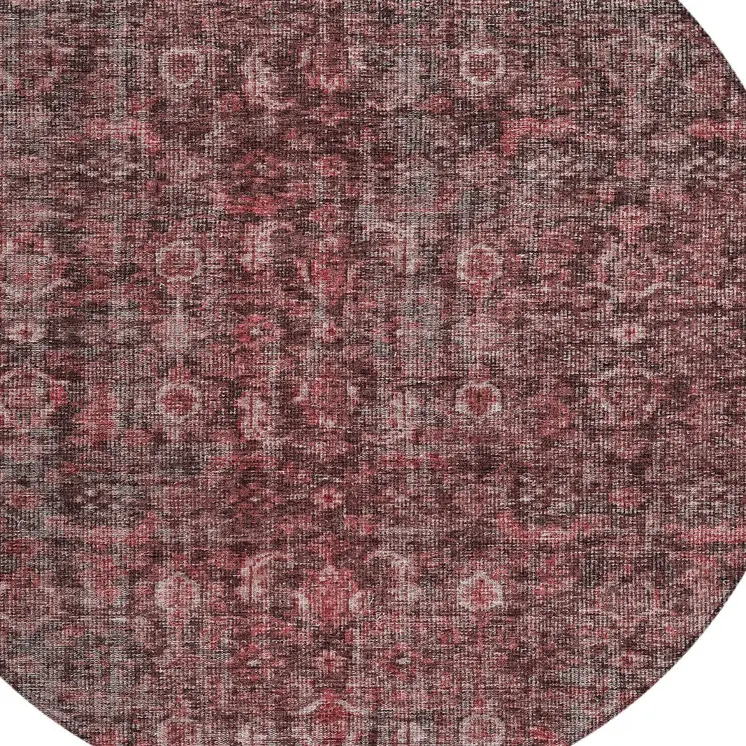 8' Pink And Brick Red Round Damask Washable Indoor Outdoor Area Rug