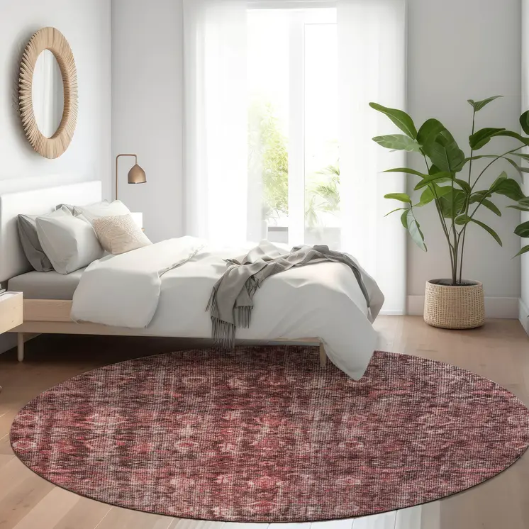 8' Pink And Brick Red Round Damask Washable Indoor Outdoor Area Rug