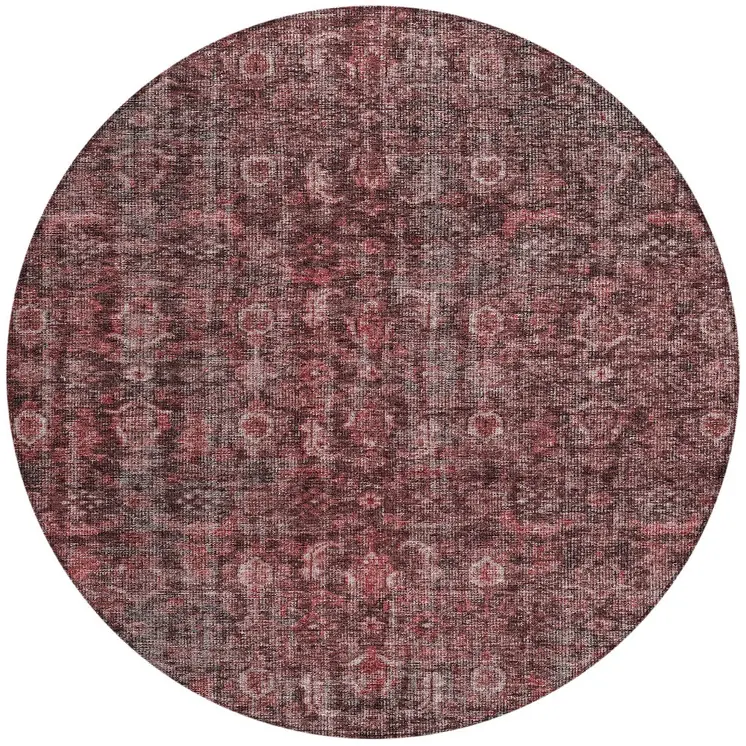 8' Pink And Brick Red Round Damask Washable Indoor Outdoor Area Rug
