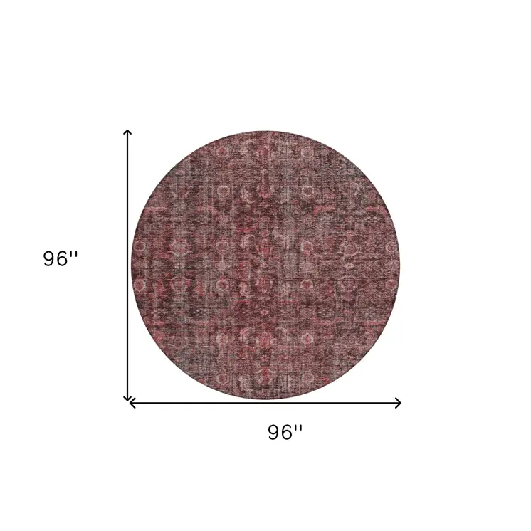 8' Pink And Brick Red Round Damask Washable Indoor Outdoor Area Rug