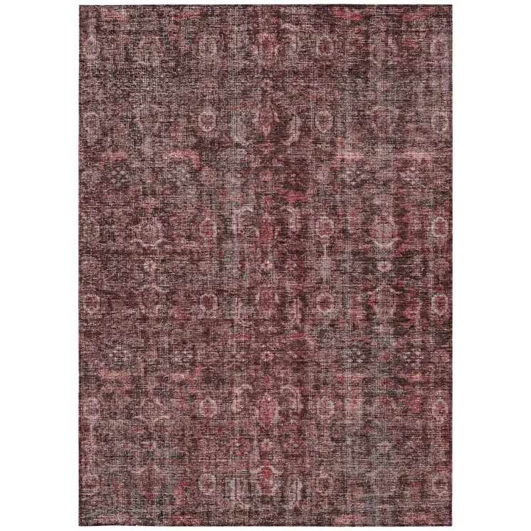 8' X 10' Pink And Brick Red Damask Washable Indoor Outdoor Area Rug