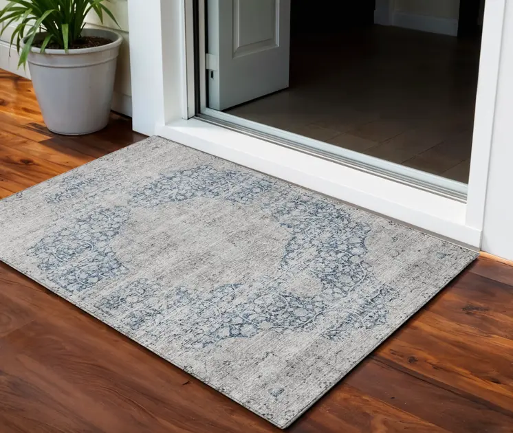 3' X 5' Blue And Ivory Oriental Washable Indoor Outdoor Area Rug