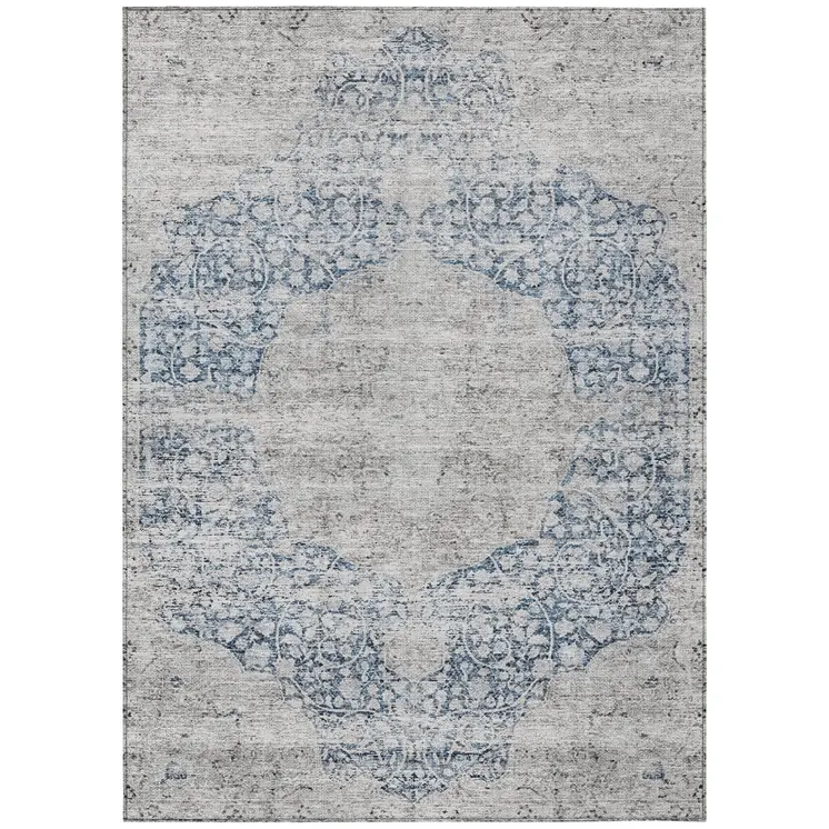 3' X 5' Blue And Ivory Oriental Washable Indoor Outdoor Area Rug
