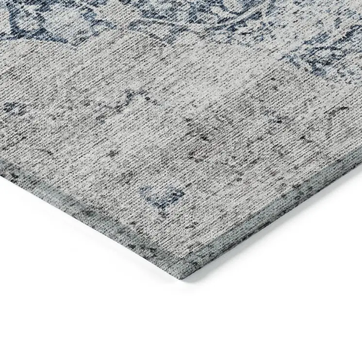 9' X 12' Blue And Ivory Oriental Washable Indoor Outdoor Area Rug
