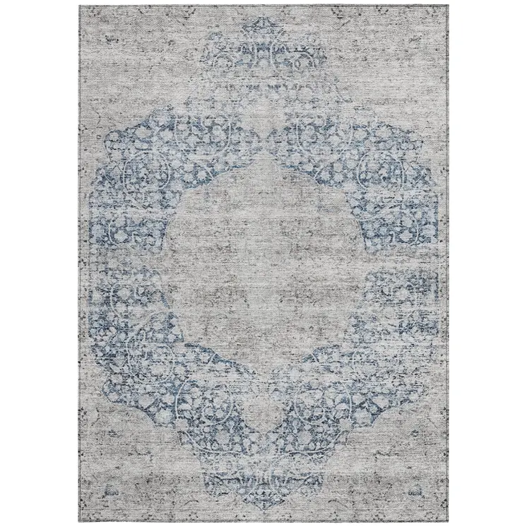 9' X 12' Blue And Ivory Oriental Washable Indoor Outdoor Area Rug