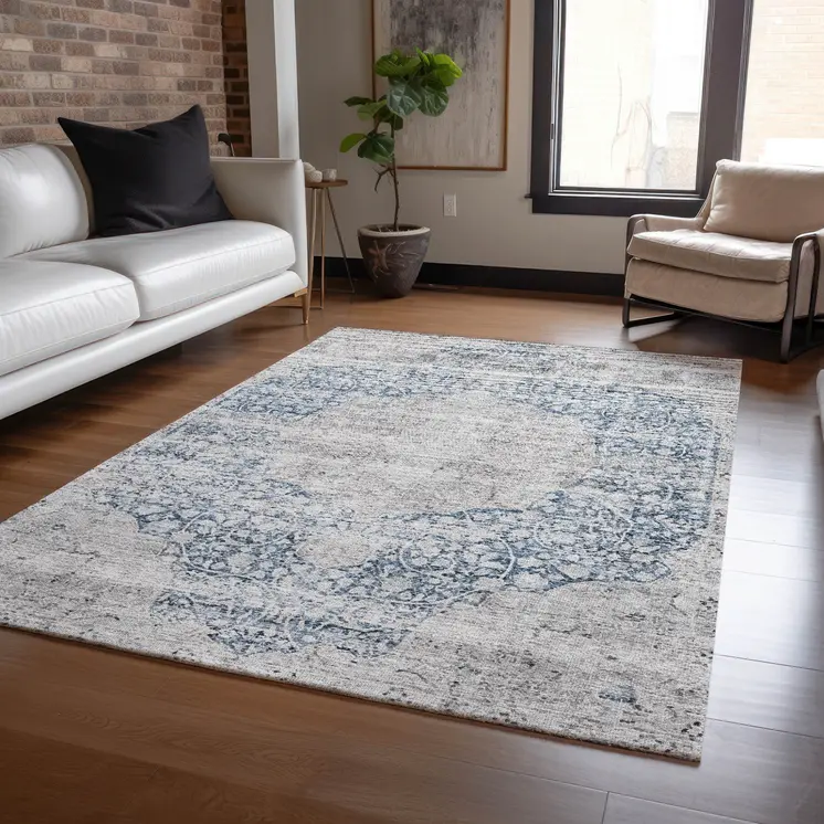 9' X 12' Blue And Ivory Oriental Washable Indoor Outdoor Area Rug