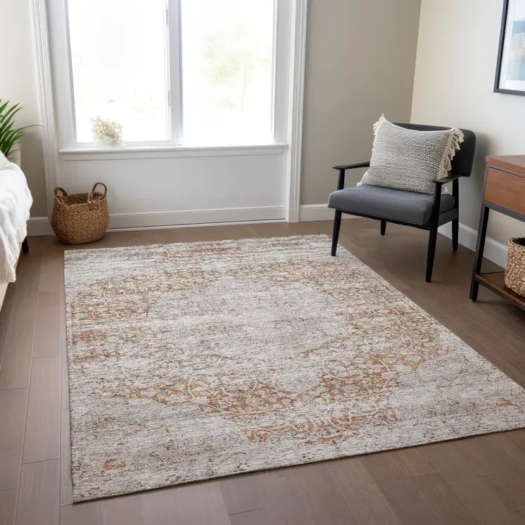 3' X 5' Copper And Beige Oriental Washable Indoor Outdoor Area Rug