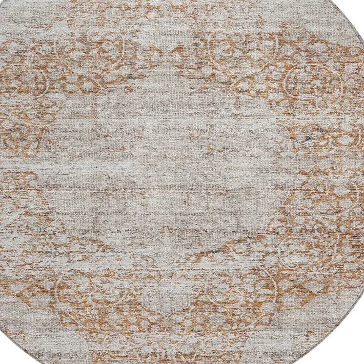 8' Copper And Beige Round Oriental Washable Indoor Outdoor Area Rug