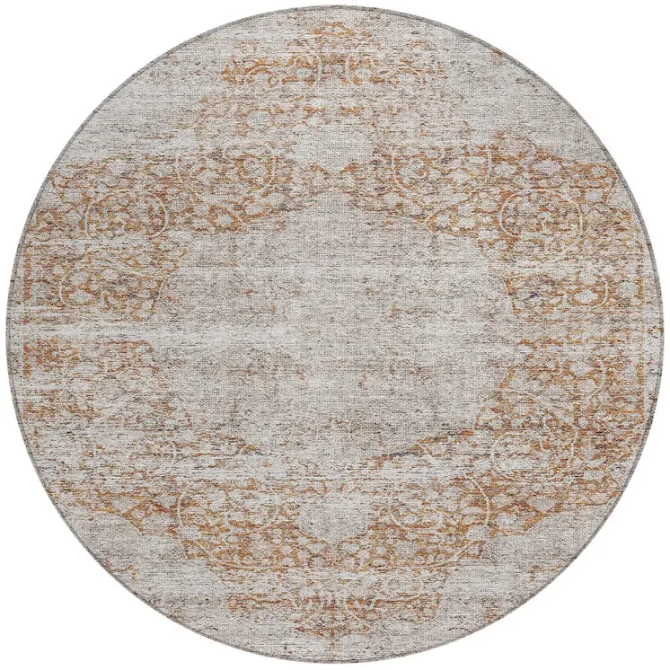 8' Copper And Beige Round Oriental Washable Indoor Outdoor Area Rug