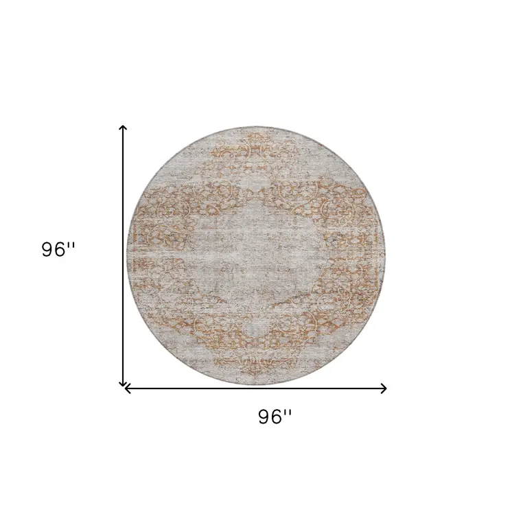 8' Copper And Beige Round Oriental Washable Indoor Outdoor Area Rug
