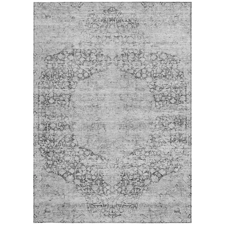 5' X 8' Gray And Ivory Oriental Washable Indoor Outdoor Area Rug