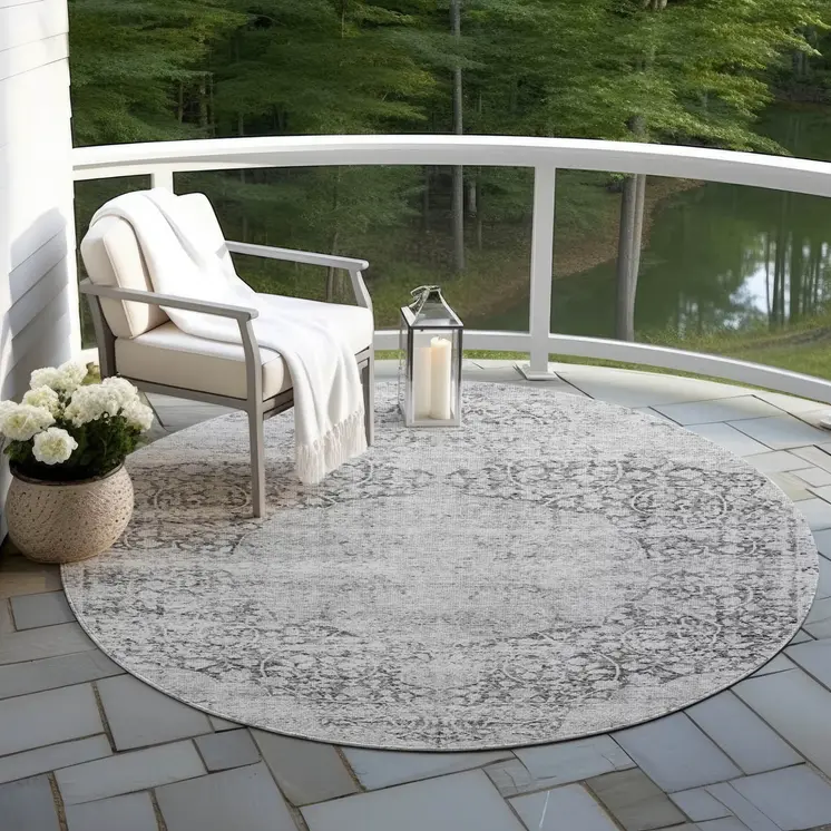 8' Gray And Ivory Round Oriental Washable Indoor Outdoor Area Rug