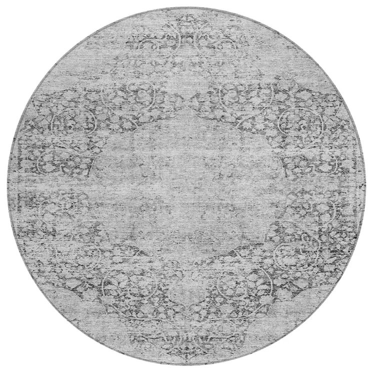 8' Gray And Ivory Round Oriental Washable Indoor Outdoor Area Rug
