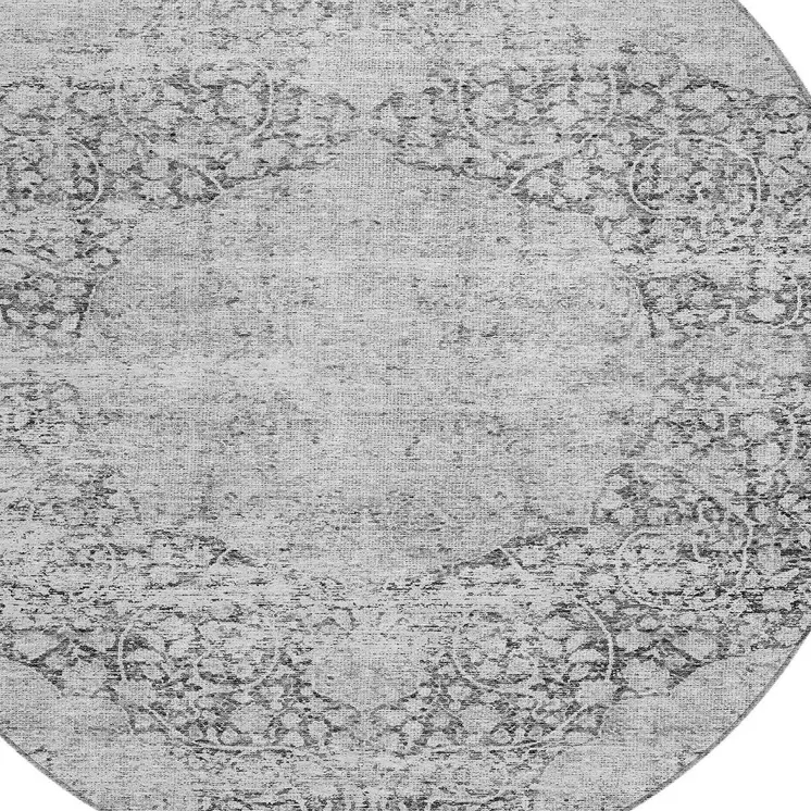 8' Gray And Ivory Round Oriental Washable Indoor Outdoor Area Rug