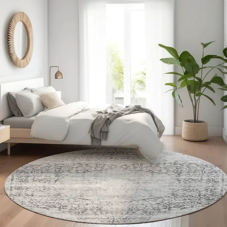 8' Gray And Ivory Round Oriental Washable Indoor Outdoor Area Rug